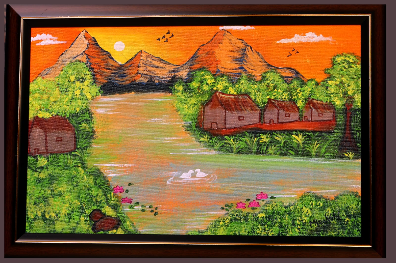 Painting of a riverside village with thatched huts and ducks beneath an orange sunrise