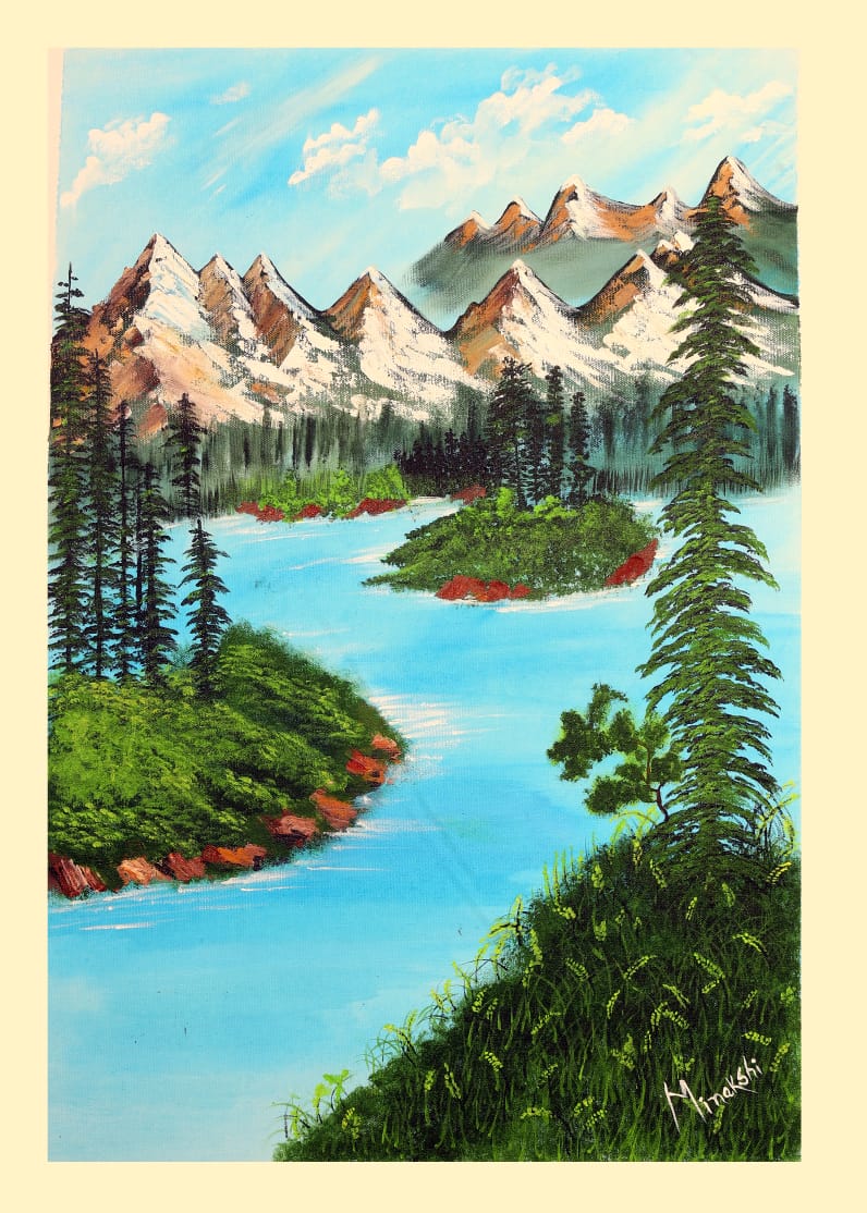 Painting of a winding river between pine-covered islands below snowy peaks