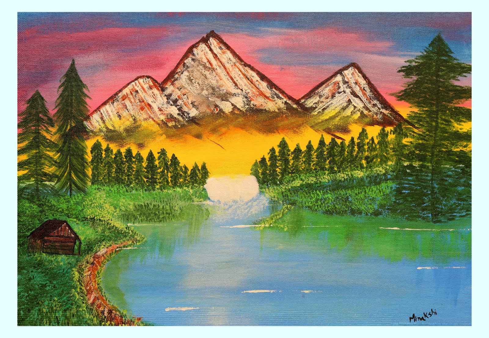 Painting of golden sunset light behind mountains reflected in a calm lake